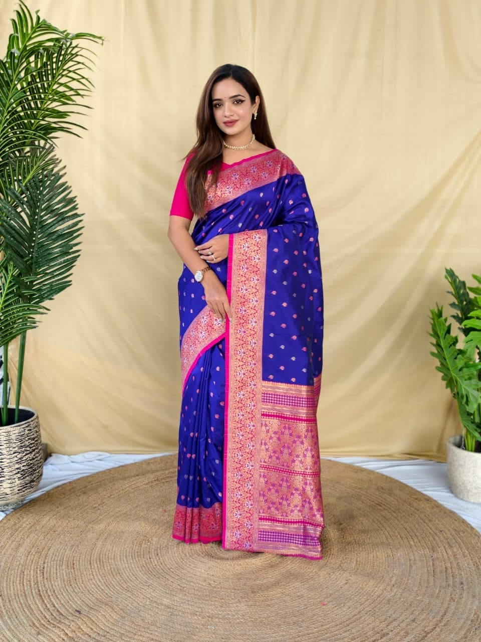 Royal Blue with Rani Pink Soft Silk Saree with Zari Woven Border